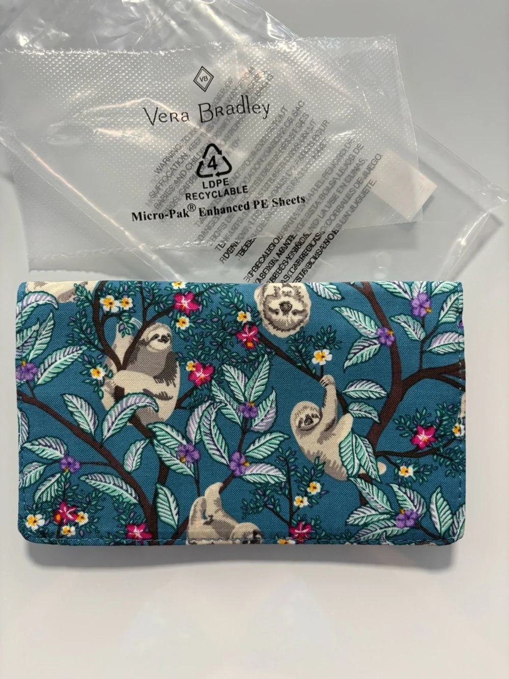 NEW WITH TAGS Vera Bradley Blue Sloth Print Cotton Wallet Checkbook Cover